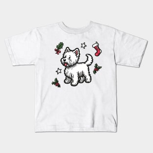 Westie Christmas Design - West Highland Terrier - Cartoon Dog Holiday Drawing Kids T-Shirt